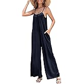 FKEEP Women's Loose V Neck Sleeveless Jumpsuits Adjustable Spaghetti Strap Romper Casual Wide Legs Pants with Pockets