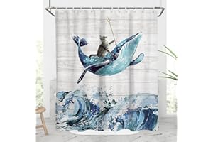 AAtter Funny Cat Shower Curtain Kids Fun Cool Sea Ocean Waves Anime Unique Boys Animal Riding Whale Whimsical Adult Humor Teen Weird Novelty Teal Blue Home Bathroom Decor Bathtub Set, 60x72, Wooden
