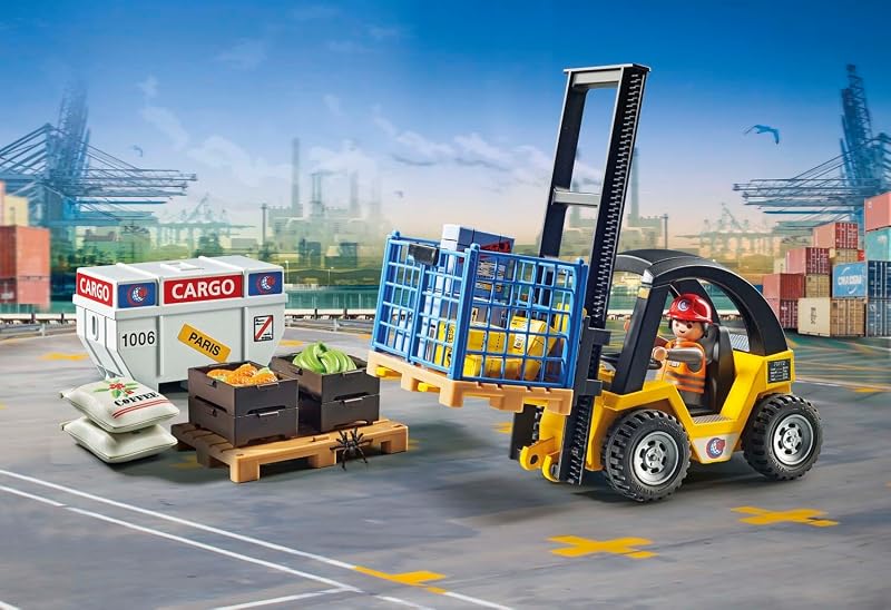 Promo Pack 71528 Chariot élévateur avec matériel - Pour déplacer des charges lourdes - Comprend un transpalette et des palettes avec des colis et des sacs de café- Univers myLife - Dès 4 ans