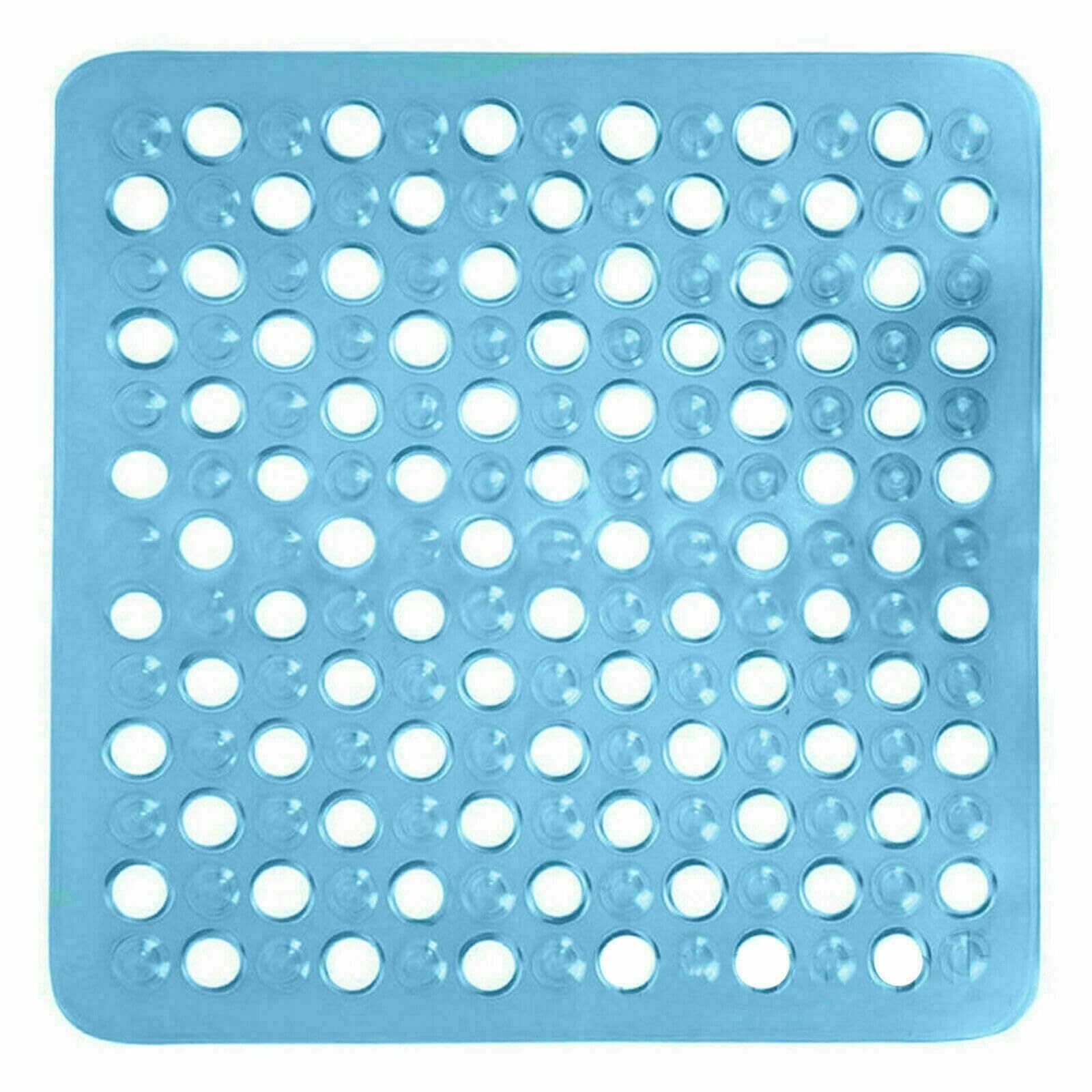 ARA CHOICE Shower Mat Large Square Rubber Non Slip With Suction Anti Mould Bath Long Machine Washable Bathroom Bathtub - Drain Holes Soft - Feet Clear Blue