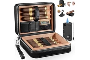 Flauno Cigar Humidor, Spanish Cedar Wood Cigar Case with 2-Way Humidity Control Pack, Portable Leather Travel Cigar Humidor, 5 in1 Cigar Lighter, Holds 8 Cigars, Ideal Gift for Cigar Lovers