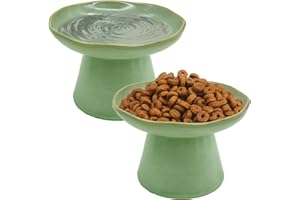 VCEPJH Elevated Shallow Cat Bowls 6.1in Ceramic Cat Food Plate Pack of 2 Raised Cats Dish Flat Anti Whisker Fatigue Wide Pet Food & Water Feeder for Indoor Kitty Kitten (Green)
