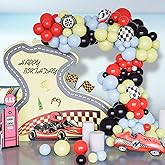 125pcs Race Car Balloons Arch Garland Kit, 12 10 5 Inch Red Blue Black Yellow Checkered Wheel Tire Racing Car Balloons for Race Car Birthday Party Decorations Fast One Two Fast Birthday Party Decor