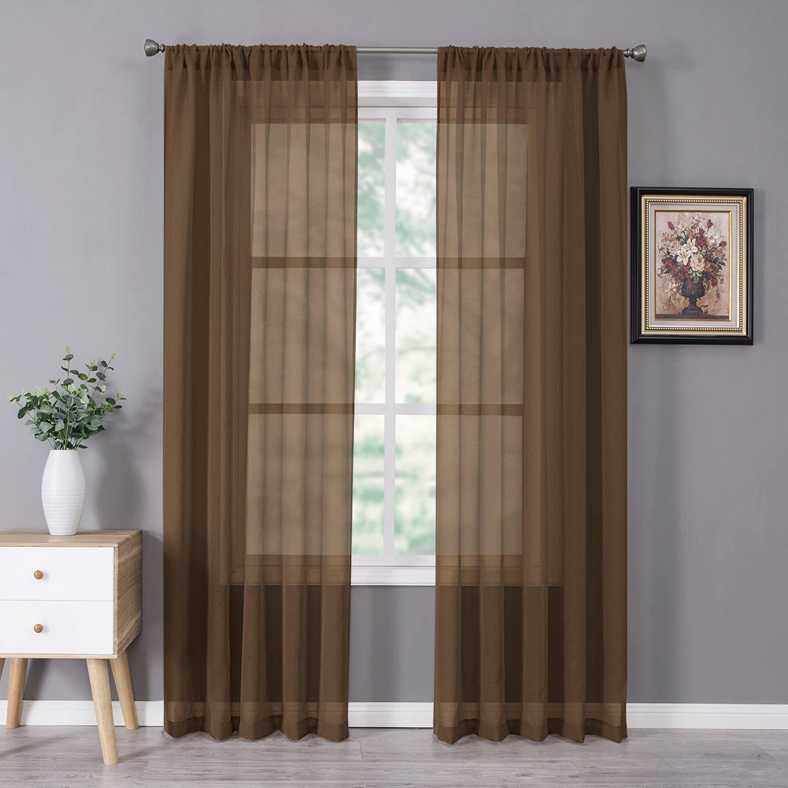 Tollpiz Sheer Curtains Linen Textured Bedroom Curtain Sheers Light Filtering Rod Pocket Voile Curtains for Living Room, 54 x 84 inches Long, Brown, Set of 2 Panels
