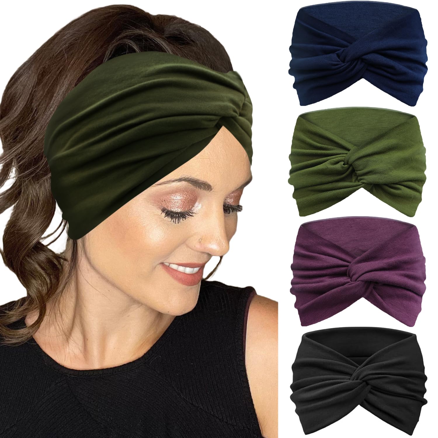 Photo 1 of IVARYSS Extra Wide Headbands for Women Non-Slip, 7'' Large Twist Knotted Stretchy Wraps Head Bands Hair Accessories, 4 Pack, Solid Color