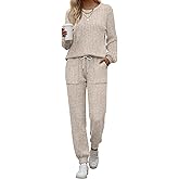 Sweetyweee Women's Ribbed Knit Lounge Sets 2 Piece Outfits Long Sleeve Pajamas Set Loungewear Sweatsuits Fall Pjs with Pocket