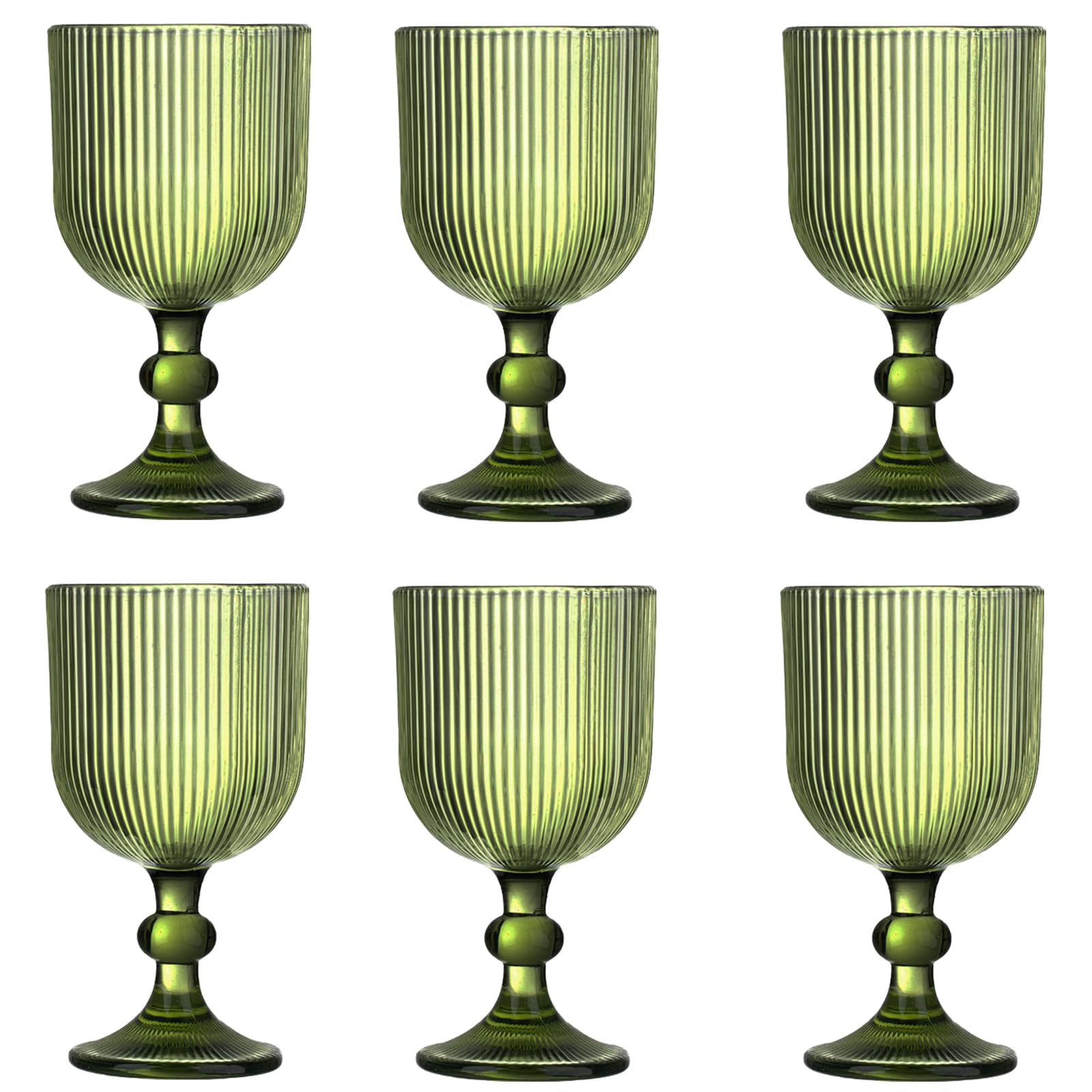 Photo 1 of Green Vintage Wine Glasses Set of 6, 11 Ounces Colored Glass Water Goblets, Unique Embossed Pattern High Clear Stemmed Glassware Wedding Party Bar Glass Drinking Cups Fancy Glasses Vertical Line