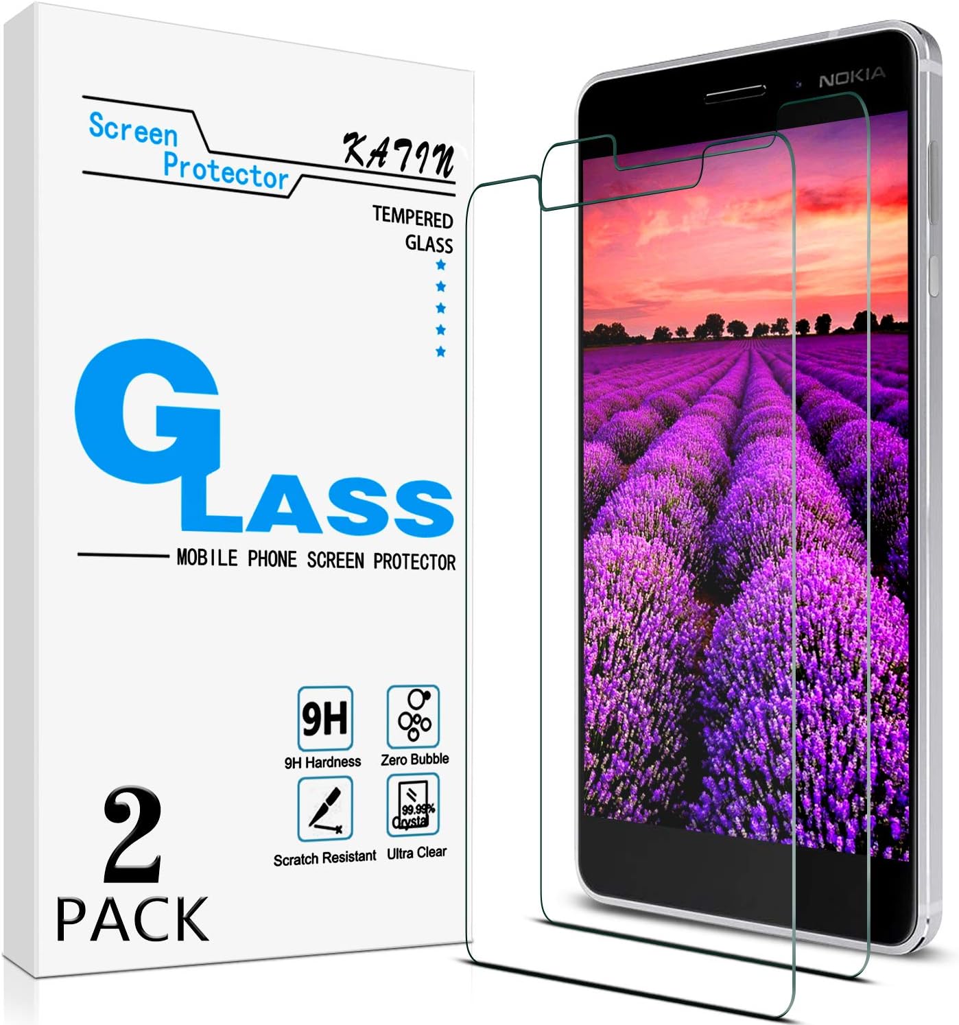 KATIN Nokia 6.1 Screen Protector - [2-Pack] Tempered Glass for Nokia 6.1 Screen Protector Bubble Free, Easy to Install