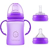 Hamarue 3-in-1 Glass Sippy Cups for Toddlers | Silicone Coated Glass Baby Bottles | Non-Toxic Transition Cup for Baby with Removeable Handles | Baby Straw Cup NB+,3M,6M,12M (Purple, 5 oz)