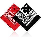 URSKYTOUS 2 Pack 100% Cotton Bandanas for Men & Women, Novelty Print Paisley Bandana Headband Scarf Handkerchief Wristband Cowboy Neckerchief Head Wrap Face Mask Gift Sets Red and Black, 21.6” X 21.6”