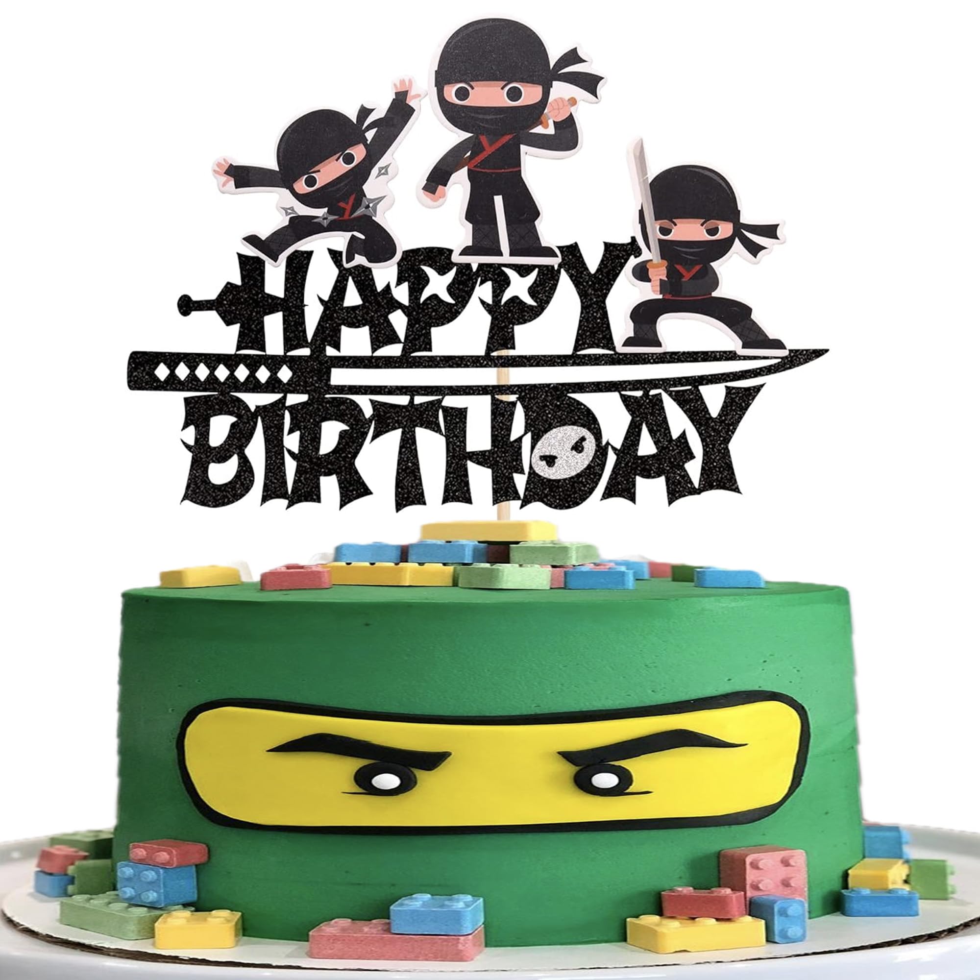 SYKYCTCY 1 Pack Ninja Happy Birthday Cake Topper Glitter Martial Arts Karate Kung Fu Warriors cake Picks Video Game Theme Party Decor, Boys Birthday Party Decorations Supplies Black
