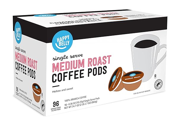 AMAZON BRAND – HAPPY BELLY MEDIUM ROAST COMPOSTABLE COFFEE PODS, COMPATIBLE WITH K-CUP BREWER, 96 COUNT