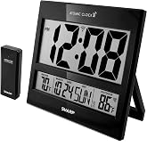 Sharp Atomic Digital Wall Clock, 3" Display, Indoor/Outdoor Temp Sensor | Automatic DST, calendar, weekday, 100-ft wireless range, tabletop stand, battery powered, easy setup, home, office, classroom