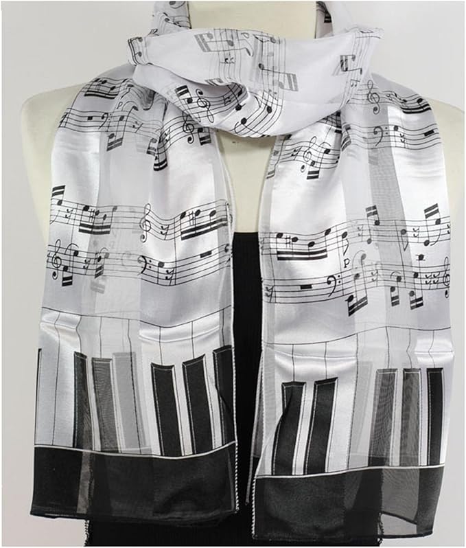 Scarf "Piano Keyboard & Musical Notes" White w/Black at Amazon