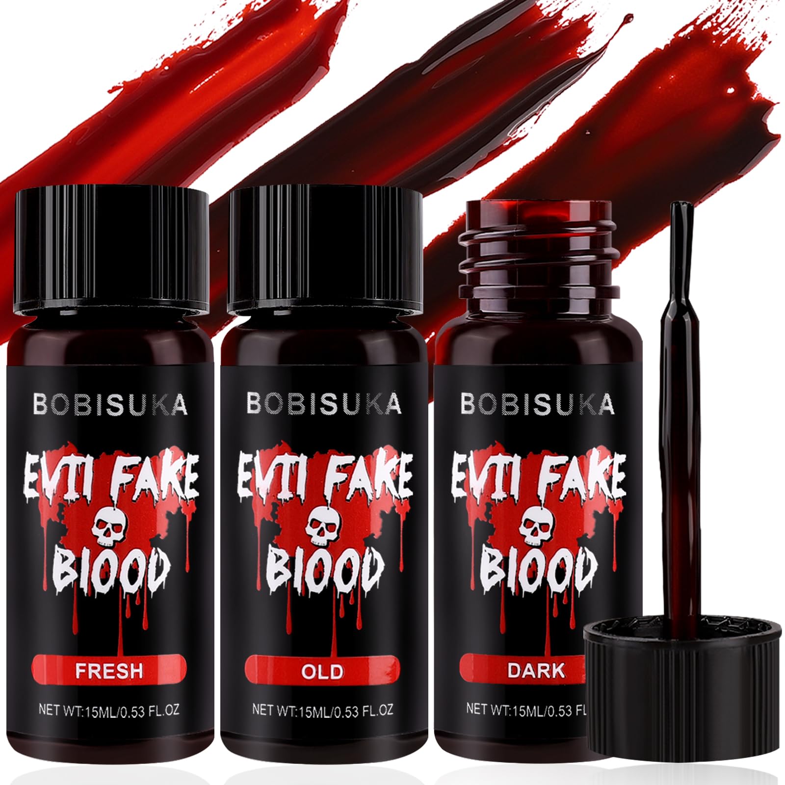 BOBISUKA 3PCS Halloween Fake Blood Makeup Kit, Dark Fake Blood 0.53oz + Fresh Fake Blood 0.53oz + Old Fake Blood 0.53oz, Realistic Washable Liquid Dripping Fake Blood Makeup Kit for Halloween, SFX Makeup, Cosplay Party, Stage, Horror Film