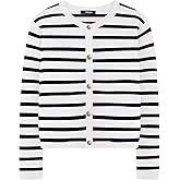 Ahtyeo Women's Casual Striped Cardigan Sweaters Long Sleeve Dressy Crew Neck Lady Jacket with Patch Pockets