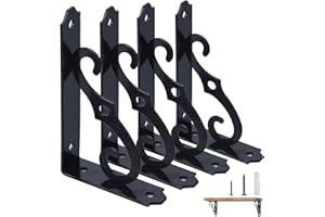 ETECHMART Decorative Shelf Brackets, 5 Inch Wall Mounted Floating Shelf Bracket for DIY Open Shelving, Pack of 4 L Shape Heavy Duty Rustic Iron Metal Corner Brace Shelf Supporter, Black