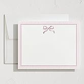 Minted Pink Bow Stationery Set, Set of 10, Flat Note Cards & Envelopes for Invitiations and Handwritten Thank You Messages, Pink Ribbon with Striped Back, Gifts for Women, Luxurious Paper
