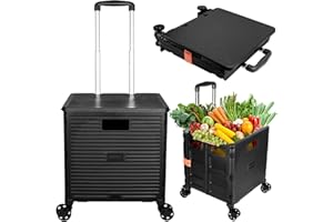 SELORSS Foldable Utility Cart Portable Collapsible Crate Rolling Carts with Wheels Rolling Tote Basket Teacher Cart with Lid Wear-Resistant 360°Rotate Wheel Noiseless for Shopping Storage Office Use