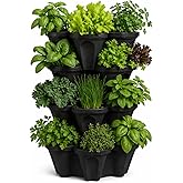 Vertical Garden Planter 4 Tier Stackable System 16 Plants, Space Saving Herb, Strawberry &amp; Food Crop Planter with Center Support Hole for Indoor Outdoor Gardening (4, Midnight Black, Small)