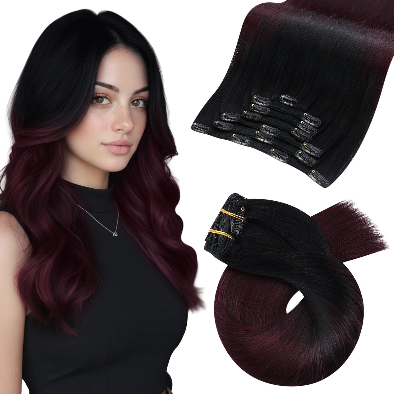Moresoo Clip in Hair Extensions Real Human Hair 20 Inch 7pcs 120g Balayage Black to Burgundy Red Clip in Hair Extensions Remy Straight Hair #1B/99J — image 1