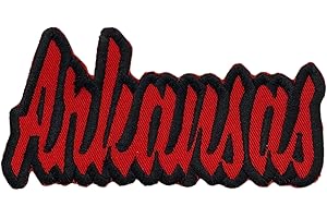 WHOLESALE APPLIQUE (2"x4") Arkansas, Embroidered, Iron on Patch (Red Twill/Black Outline)