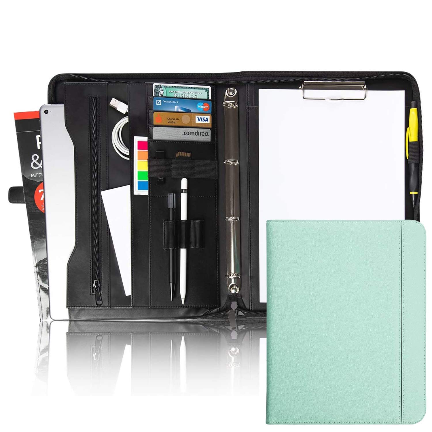 Vebon® Writing Case Ring Binder A4 "Berlin" I Zip + Clipboard I Conference Folder + Laptop Bag I Extra Storage Space I Black I Faux Leather, Caribbean Blue