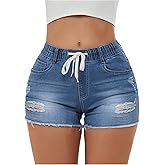 WDIRARA Women's Ripped Drawstring Waist Denim Shorts Raw Hem Skinny Jean Shorts