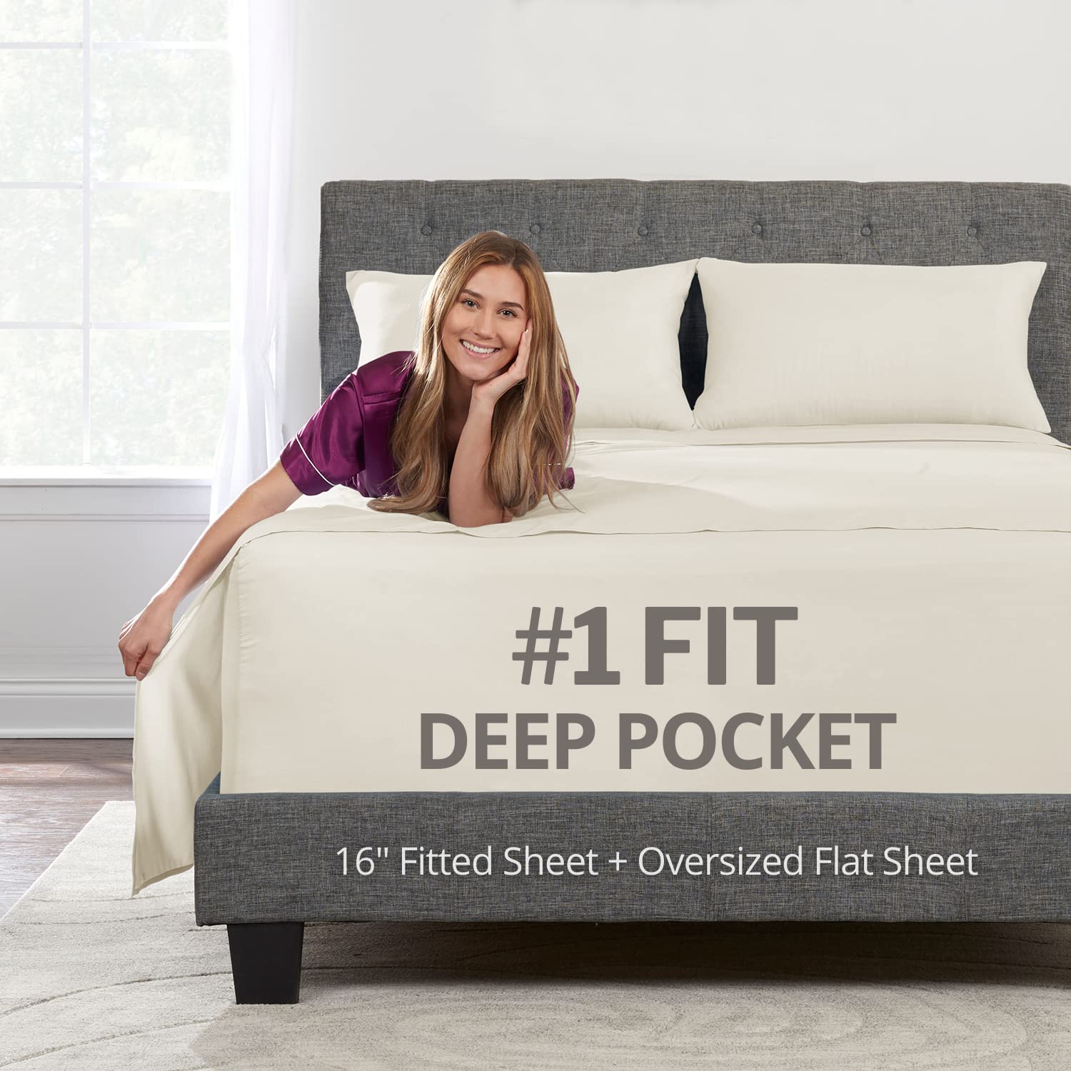 Photo 1 of Deep Pocket King Bed Sheets – 4-Piece Includes: Real 16” Inch Extra Deep Pocket Fitted Sheet [Best-Fit for 14”-18 Mattress] – Oversize Flat Sheet – 1 Zipper Closure Pillowcase – Ivory (Off White)