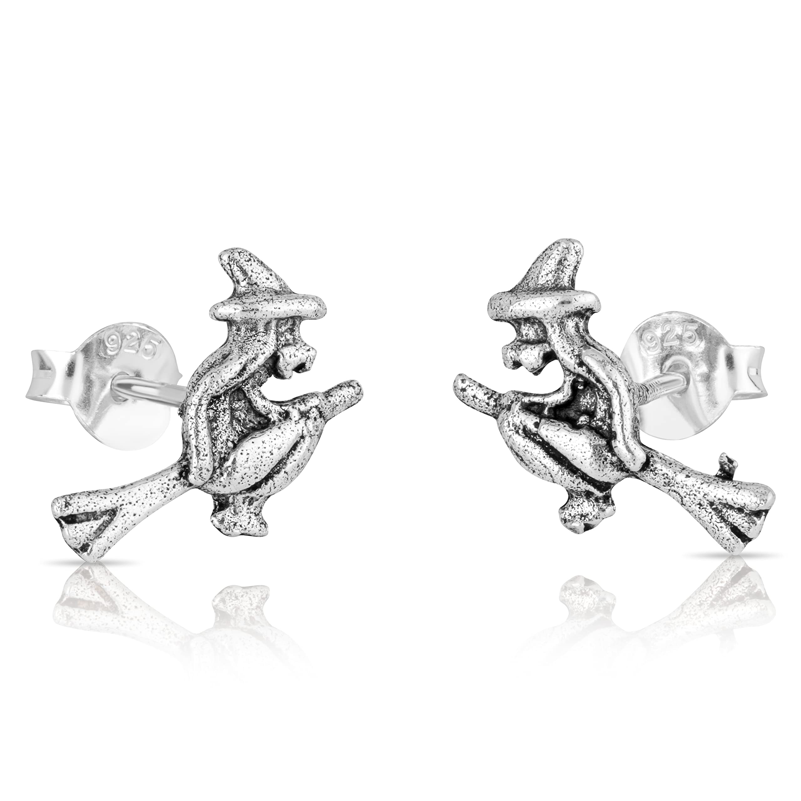 NKlaus pair witch on broom motif stud earrings ladies 1g 925 Sterling Silver Gothic 3135