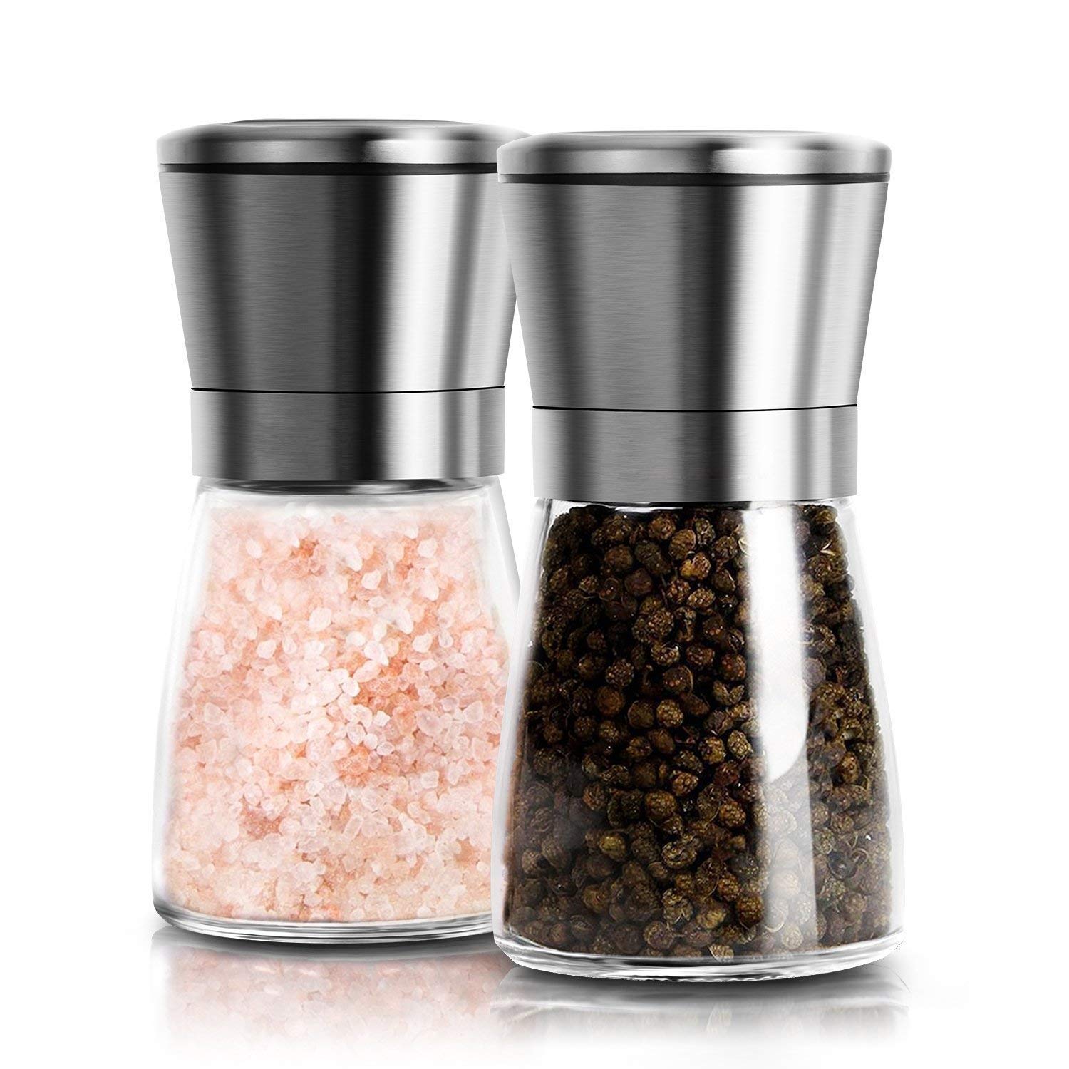 YMTECH Salt and Pepper Grinder Set – Short Manual Mills with Adjustable Coarseness, Stainless Steel Top & Clear Glass Body, 180ml Capacity, Ideal for Kitchen or Dining Table