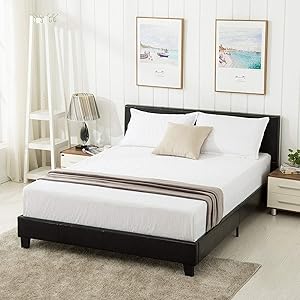Mecor Queen Bed Frame - Faux Leather Upholstered Bonded Platform Bed/Panel Bed - with Headboard - No Box Spring Needed - for Adults Teens Children,Black-Queen Size