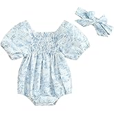 Ursobutegl Infant Baby Girls Romper Floral Ruffle Sleeve Pleated Smocked Bubble One Piece Ruched Jumpsuit Summer Bodysuit