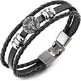 COOLSTEELANDBEYOND Men Viking Ram's Head Leather Wrap Bracelet, Norse Mythology Vintage Multi-Strand Leather Wristband