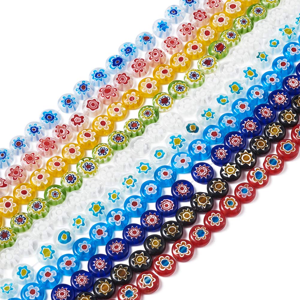 PandaHall 10 Strands Flat Round Handmade Millefiori Glass Beads Strands 10x4mm Mixed Color Lampwork Glass Beads with Flower for DIY Necklace Bracelet Earring Jewelry Making