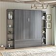 BALUS 97" W Murphy Bed with 2 Storage Cabinets, Queen Size Cube Cabinet Bed, Solid Wood Fold up Horizontal Murphy Wall Beds, Folding Bed Frame for Guest Room Bedroom Apartment - Dark Grey