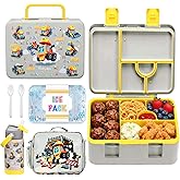 rockpapa 5 Compartment Bento Lunch Box with Ice Pack for Kids with Uensils & Insulated Water Bottle & Lunch Bag, BPA-Free Lunch Containers Set for School Boys Girls Ages 3+ (Grey Constr Trucks)