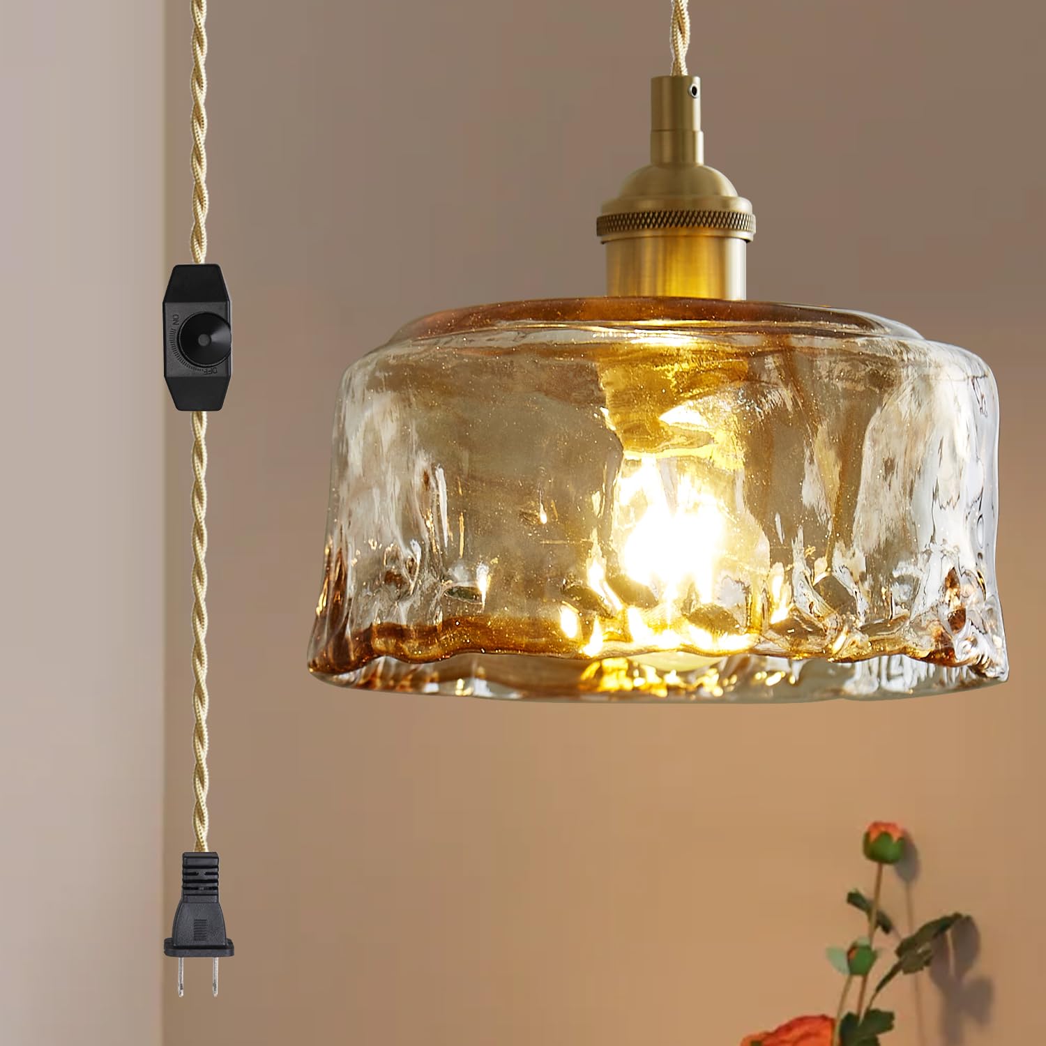 Photo 1 of JC TOPA Glass Pendant Lights Kitchen Island Plug in Pendant Light with Dimmable Switch Amber Glass Lampshade for Bedside Dining Room Foyer, Brass