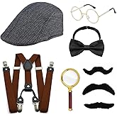 8 Pcs Detective Costume Accessory Set, 20s Detective Costume Adults Men Women Detective Hat Y-Back Suspenders Tie Magnifying Glass Glasses Mustache Detective Dress Up for Cosplay Carnival Halloween