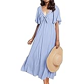 GOLDSTITCH Summer Dress for Women 2025 Casual Short Sleeve Bow Tie V Neck Smocked High Waist A-Line Flowy Midi Dress