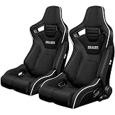 BRAUM Elite-R Series Racing Seats &ndash; Fixed Bucket Seat with Carbon Fiber Backing &ndash; Black Cloth and White Piping + Bottom Mount (Fits up to 38" Waist) &ndash; 1 Pair (BRR1R-BFWP)