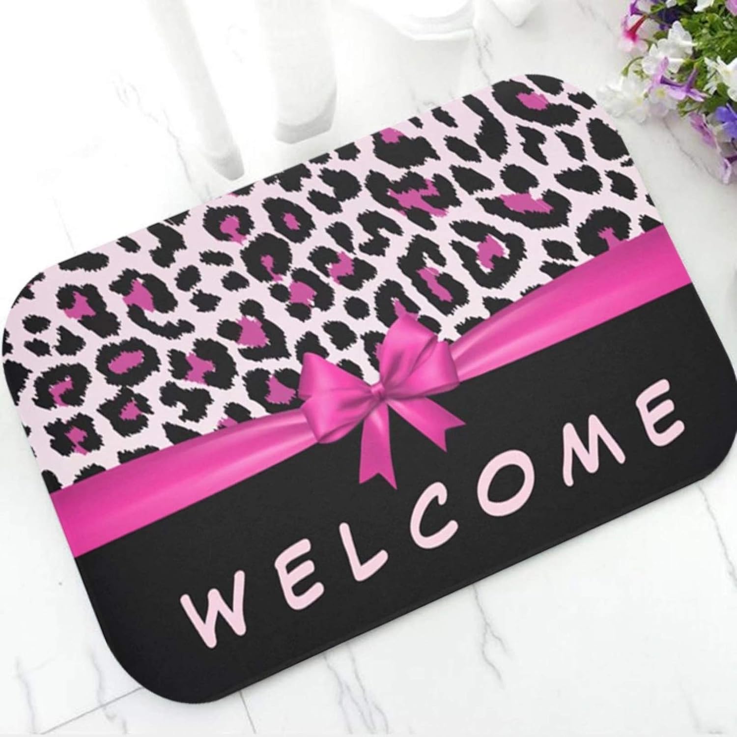 3D Printing Door Mat Floor Mats Trendy Hot Pink Faux Foil Leopard Print and Diamonds Welcome Doormat Leopard Animal Print Mat for Bathroom Rug Carpet Home Decor Home Kitchen Room Decor