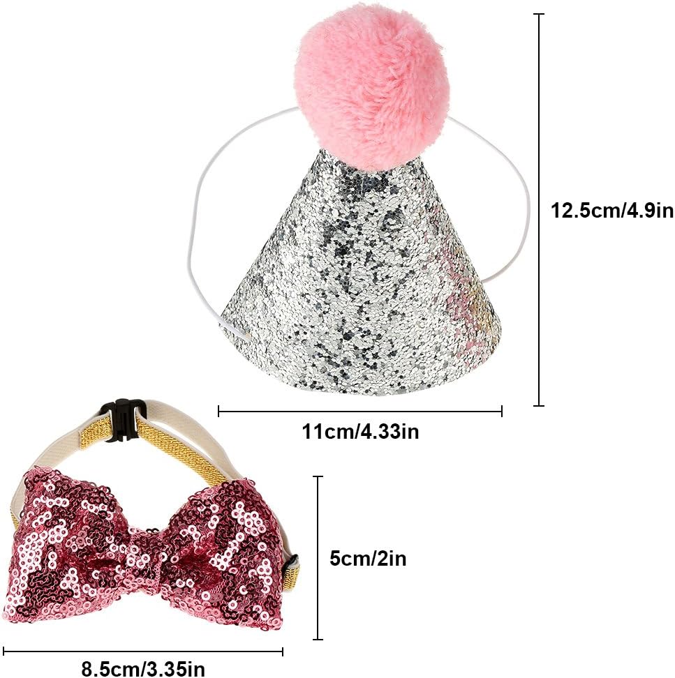 Wifehelper Lovely Dog Birthday Party Cone Hat and Bow Tie Collar Sequin Set, Mini Cute Pet Cat Dog Birthday Party Decoration Bowknot Costume Headwear(Pink) - Image 3