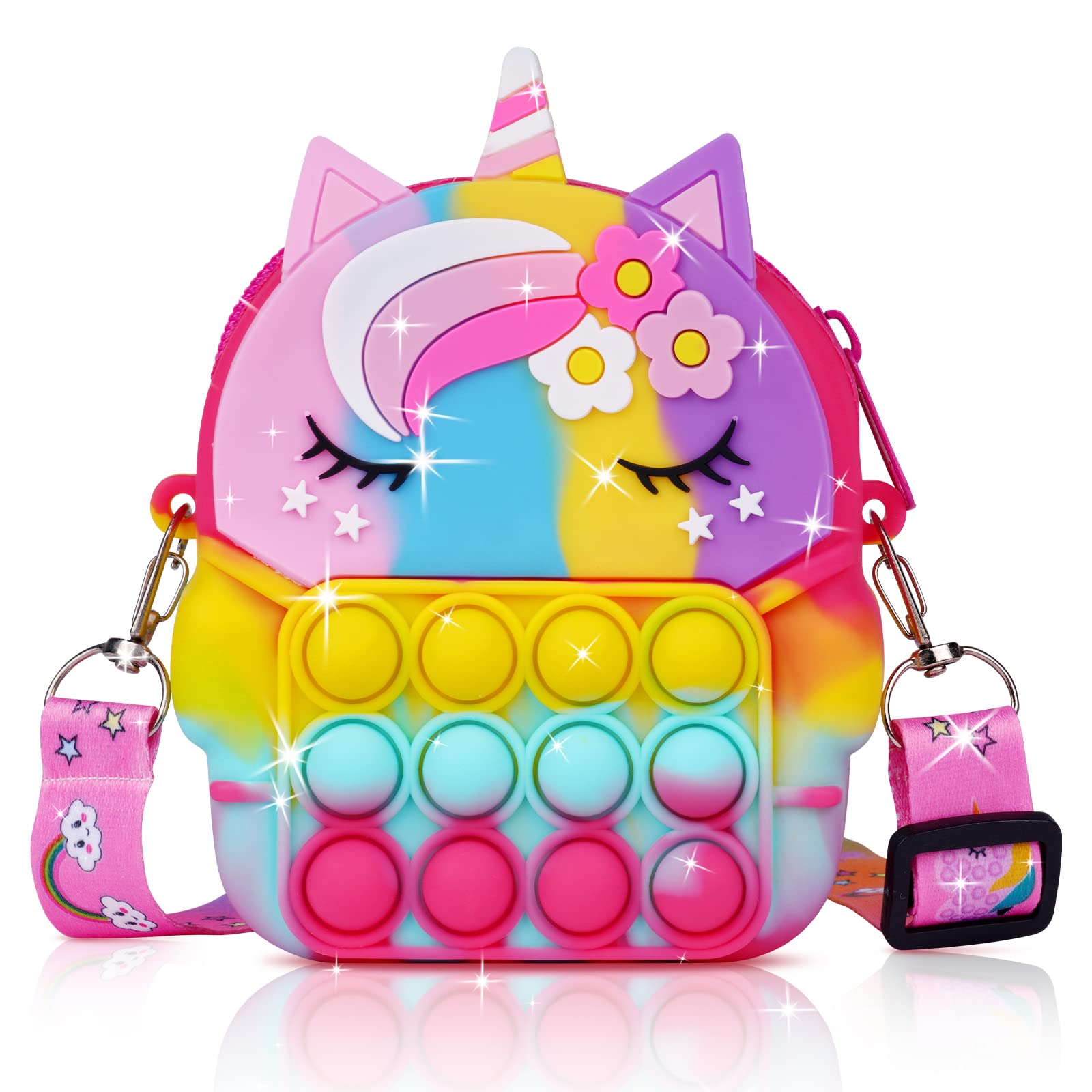 Ainiv Crossbody Pop it Bag, 2 in 1 unicorn Fidget Shoulder Bag for Girls, Silicone Push Bubble Small Purse with Adjustable Strap Length, Relief Stress for Adult Kids (Colorful)