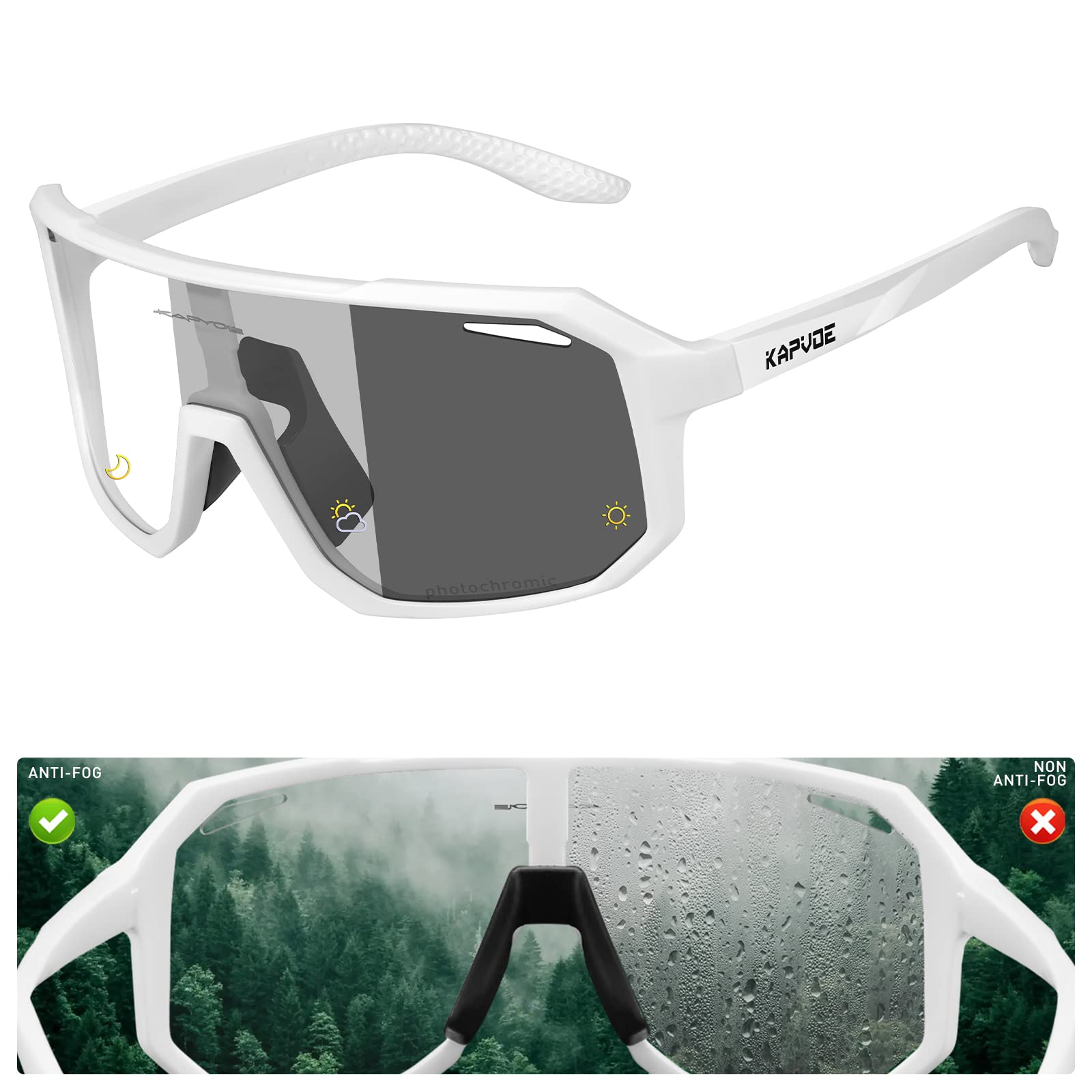 KAPVOE Photochromic Cycling Glasses for Men Women Mountain Bike Sunglasses Anti-fog Sunglasses for Outdoor White