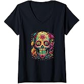Womens Colorful and Beautiful Sugar Skull V-Neck T-Shirt