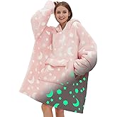 Fiosnow Glow in the Dark Star and Moon Blanket Hoodies for Women and Men Adult Fleece Sherpa Oversize Wearable Blanket Hoodies for Soft and Warm