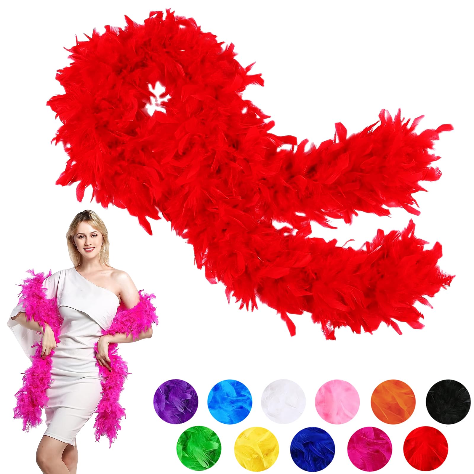 80g Red Feather Boa Thick Fancy Dress for Adults,Kids,2m/6.6ft Natural Turkey Feather Boa Red,Party Fluffy Boa Feather Scarffor Bulk for Women,Girls,Wedding Bachelor Halloween Costume Christmas Party