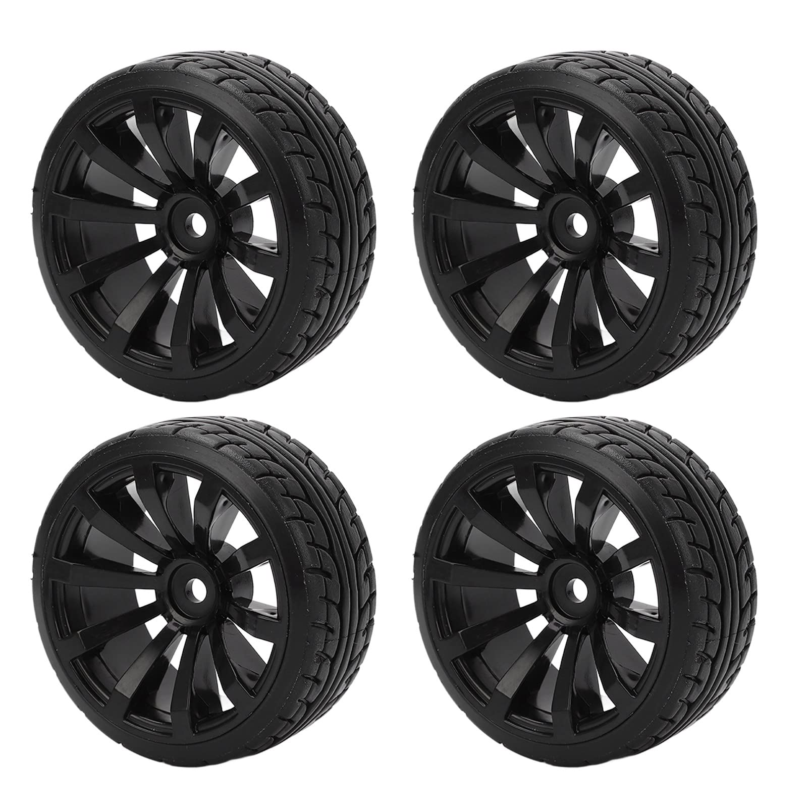 RC Tires and Wheels Set, 4PCS 1/10 Drift Car Tires Black Hard Tyre RC Rubber Tires and Wheels Set for Tamiya TT02 On Road Drifting Car