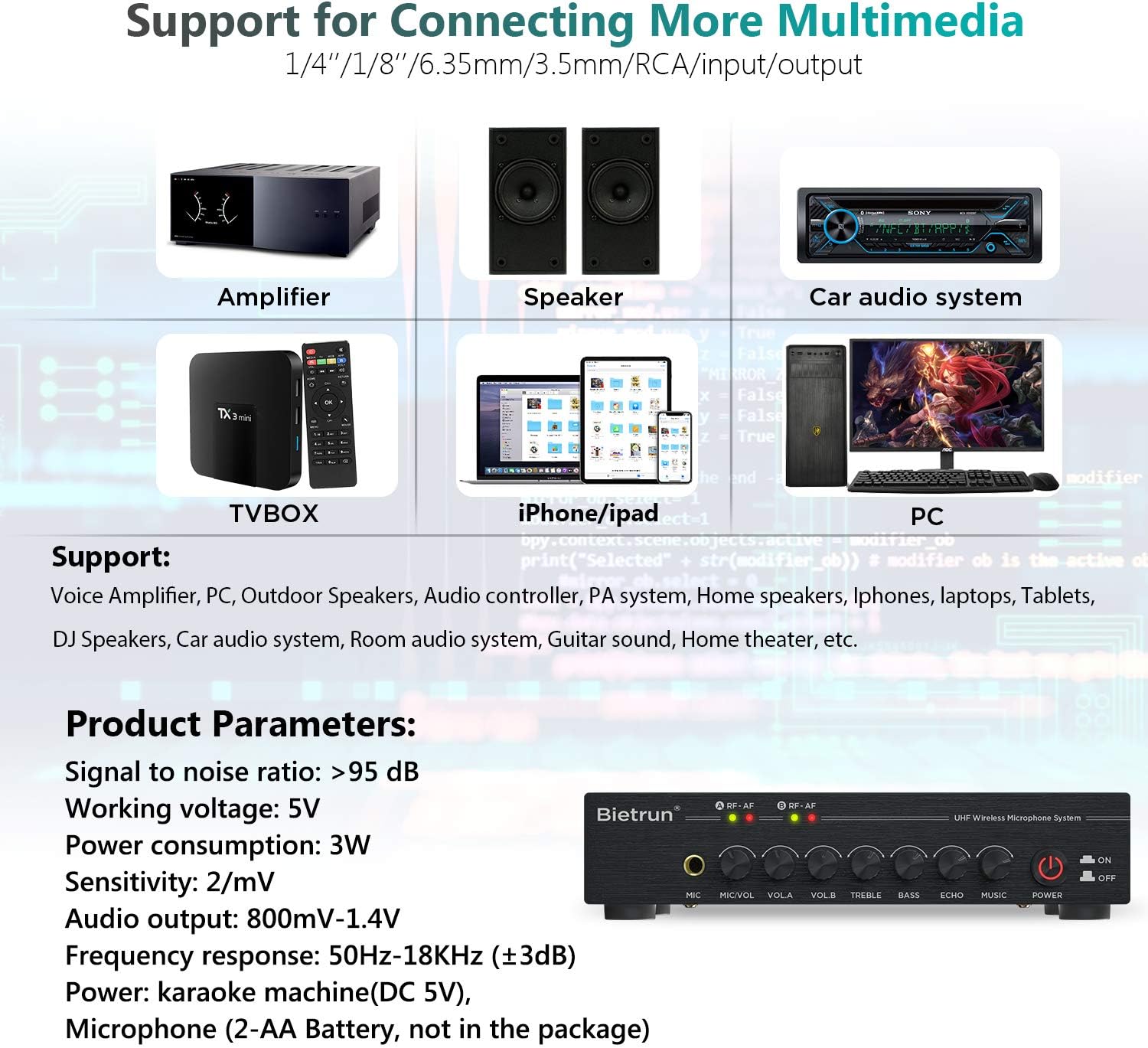 Wireless Microphone, with Echo Treble, Bass, 160ft Range, UHF Metal Dual Handheld Wireless Dynamic Microphone System with Bluetooth, RCA＆1/4’’Output, for Singing, Church, Karaoke, DJ, Wedding, Speaker: Home Audio & Theater